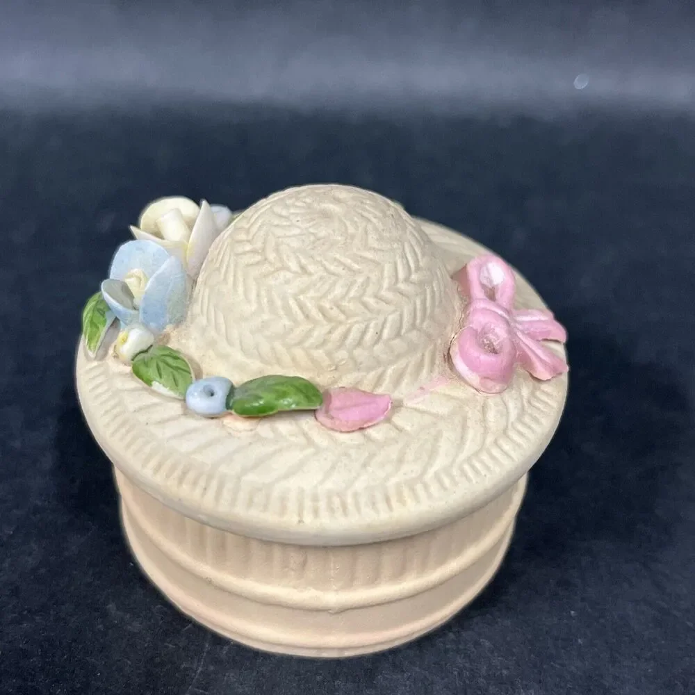 Porcelain Trinket Box 2”D W/ WICKER HAT Hand Painted Colorful Flowers DESIGN Lid
